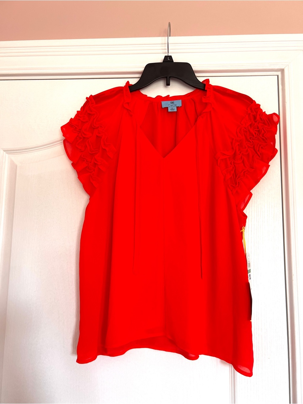 NWT CeCe Red Ruffle Sleeve V-Neck Blouse